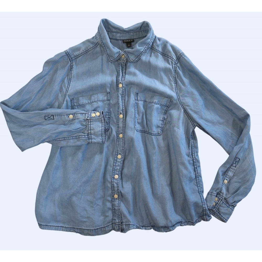 Torrid Coastal Grandma Chambray Shirt 00 M Tencel Minimalist Casual Blue